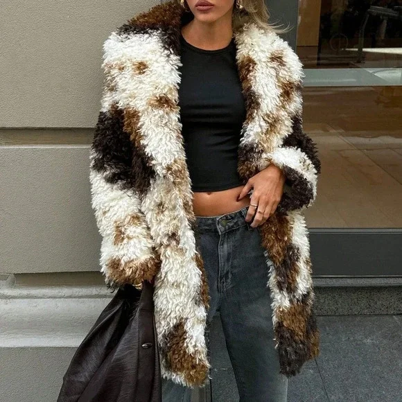 Multicolor Casual Womens Tie-Dye Print Thick Loose Fit Long Fluffy Winter Jacket - Picture 6 of 8